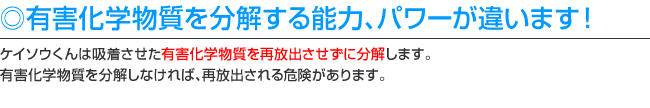 有害化学物質を分解する能力、パワーが違います！ケイソウくんは吸着させた有害化学物質を再放出させずに分解します。有害化学物質を分解しなければ、再放出される危険があります。